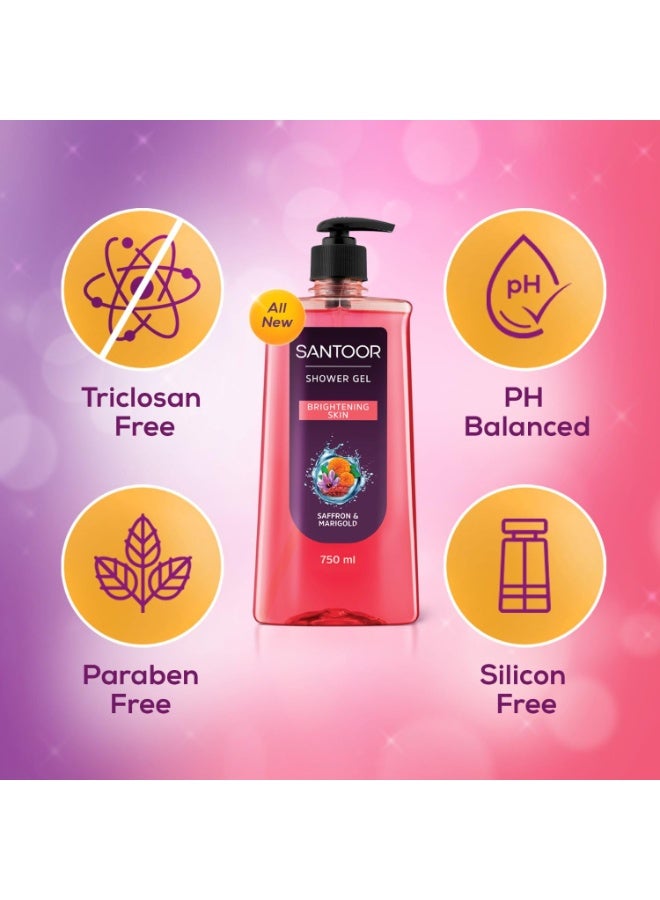 Santoor Brightening Shower Gel 750ml With Natural Saffron & Marigold Extracts| For Men & Women| For Glowing Skin| Suitable For All Skin Types| No Parabens| No Silicones - Image 3