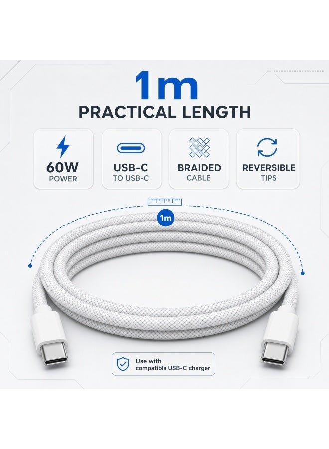 كابل شحن سريع USB-C 60 واط 1 متر - مضفر نايلون مقاوم للانحناء أبيض - Image 5