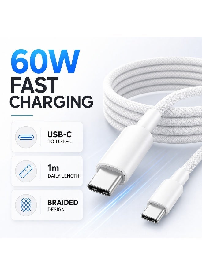 كابل شحن سريع USB-C 60 واط 1 متر - مضفر نايلون مقاوم للانحناء أبيض - Image 1