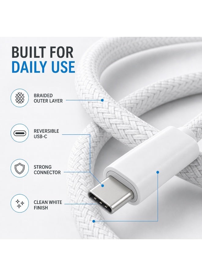 كابل شحن سريع USB-C 60 واط 1 متر - مضفر نايلون مقاوم للانحناء أبيض - Image 2