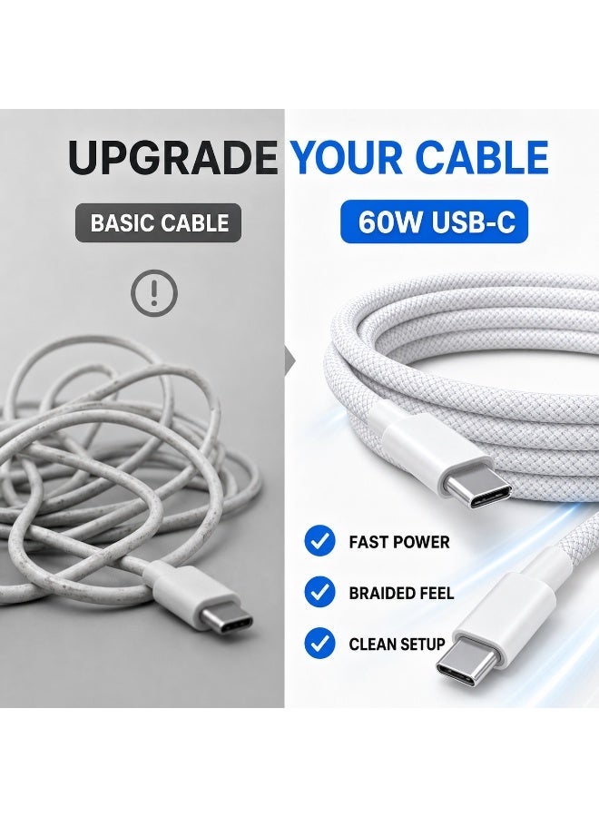 كابل شحن سريع USB-C 60 واط 1 متر - مضفر نايلون مقاوم للانحناء أبيض - Image 3