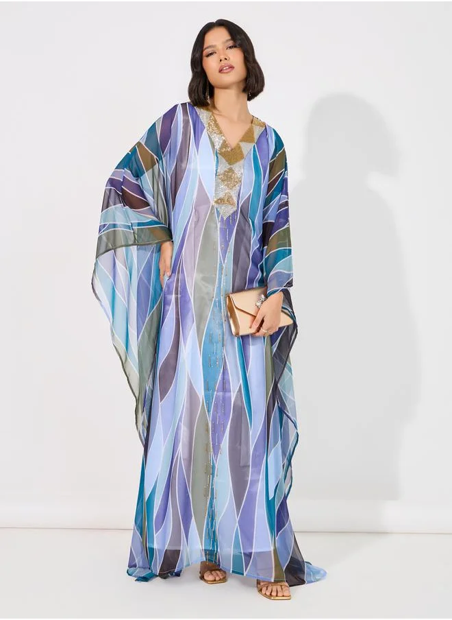 Maxim Creation Abstract Print Georgette Farasha Kaftan with Handwork by Styli