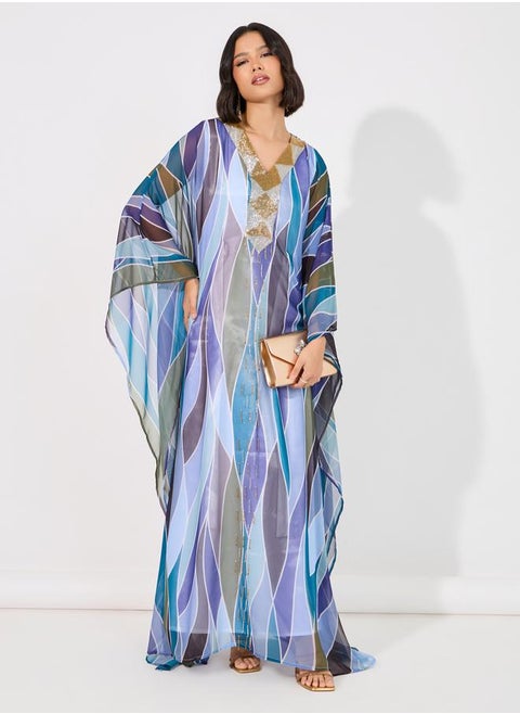 Abstract Print Georgette Farasha Kaftan with Handwork by Styli
