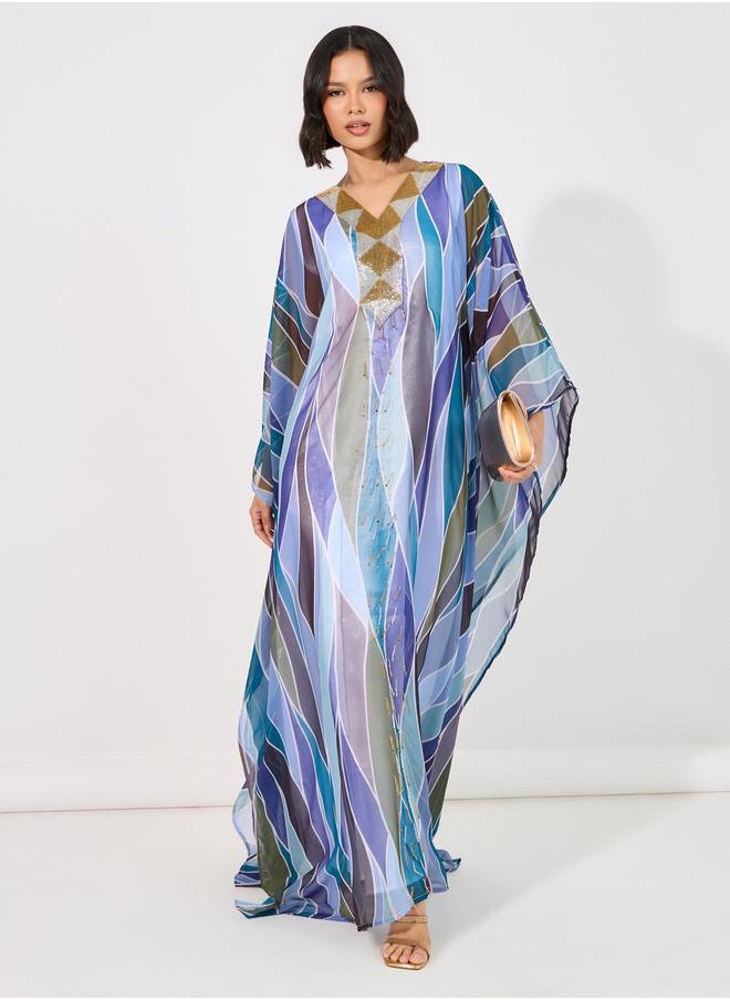 Maxim Creation - Abstract Print Georgette Farasha Kaftan with Handwork by Styli - Image 1