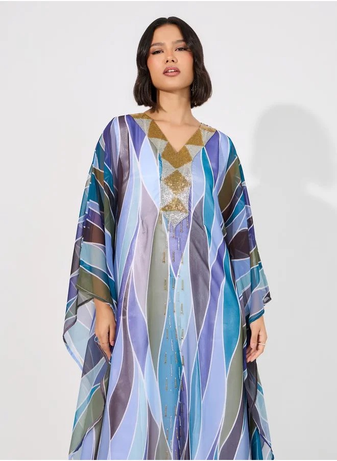 Maxim Creation Abstract Print Georgette Farasha Kaftan with Handwork by Styli