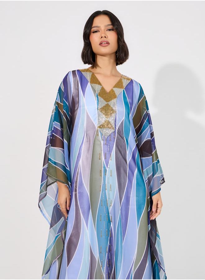 Maxim Creation - Abstract Print Georgette Farasha Kaftan with Handwork by Styli - Image 1