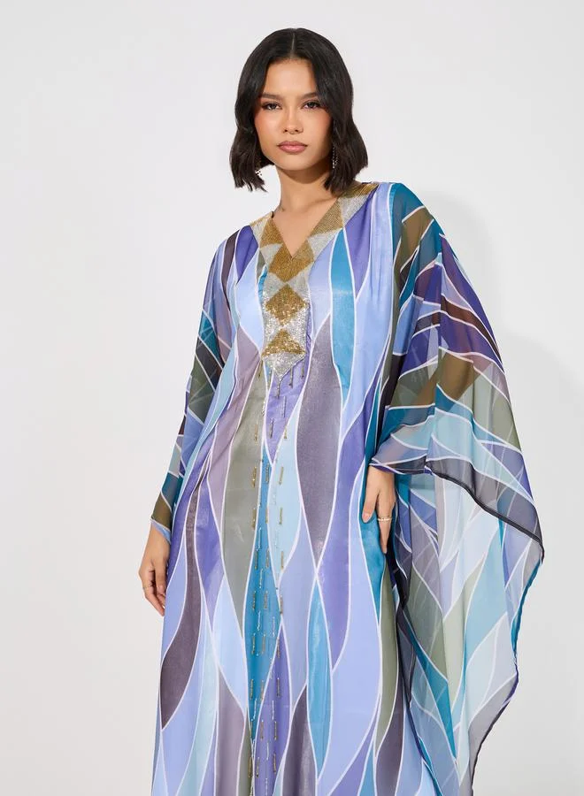 Maxim Creation Abstract Print Georgette Farasha Kaftan with Handwork by Styli