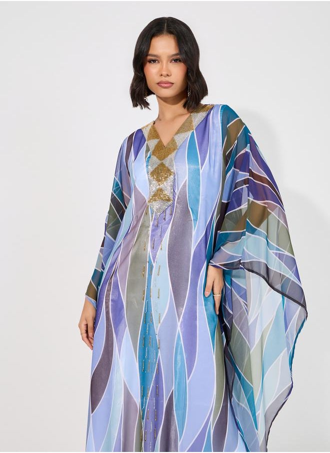 Maxim Creation - Abstract Print Georgette Farasha Kaftan with Handwork by Styli - Image 1
