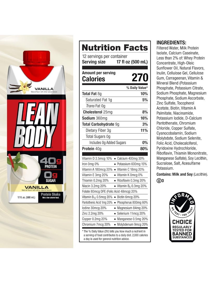Labrada Lean Body Ready To Drink Protein Shake- Vanilla, 40g Protein, 0 Sugar. 500ml, Box of 12 pcs - Image 2