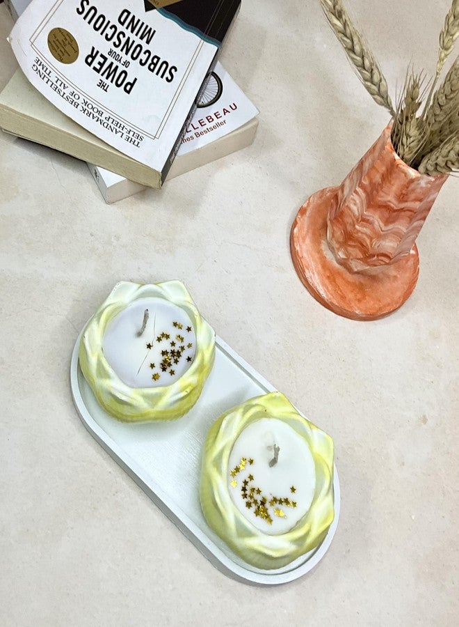 شمعة معطرة من شمع الصويا من Kaivarnamcraftycreations @Lotus Aesthetic قابلة لإعادة الاستخدام/مثالية للعلاج العطري/الاسترخاء/تخفيف التوتر/ديكور المنزل/هدية ديوالي/ديكور بوجا/هدية عيد الميلاد (عبوة من قطعتين) (أصفر) - Image 2