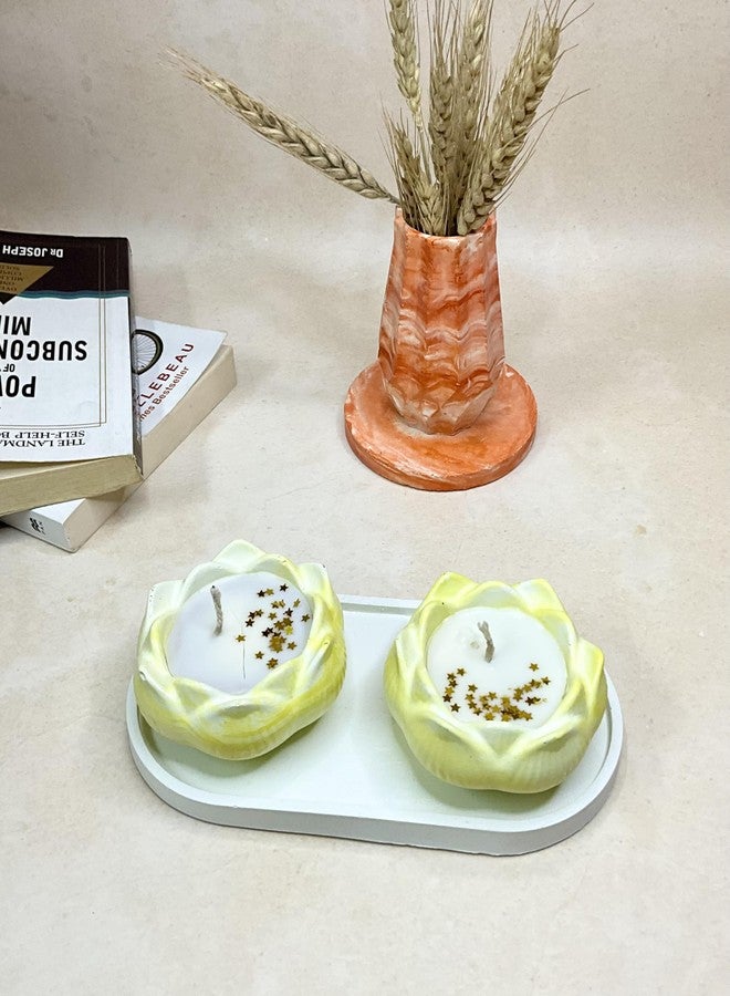 شمعة معطرة من شمع الصويا من Kaivarnamcraftycreations @Lotus Aesthetic قابلة لإعادة الاستخدام/مثالية للعلاج العطري/الاسترخاء/تخفيف التوتر/ديكور المنزل/هدية ديوالي/ديكور بوجا/هدية عيد الميلاد (عبوة من قطعتين) (أصفر) - Image 3
