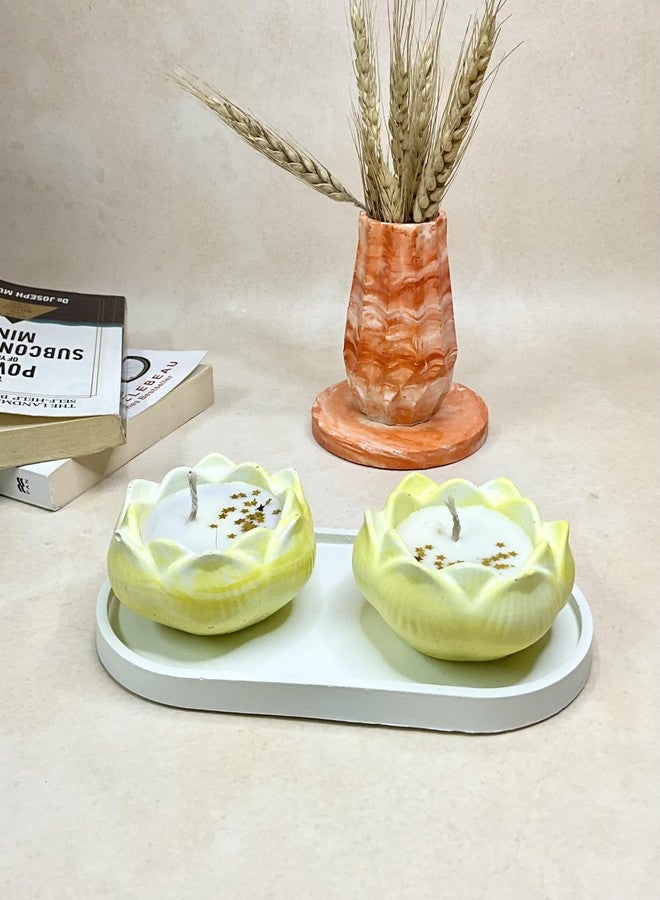 شمعة معطرة من شمع الصويا من Kaivarnamcraftycreations @Lotus Aesthetic قابلة لإعادة الاستخدام/مثالية للعلاج العطري/الاسترخاء/تخفيف التوتر/ديكور المنزل/هدية ديوالي/ديكور بوجا/هدية عيد الميلاد (عبوة من قطعتين) (أصفر) - Image 1