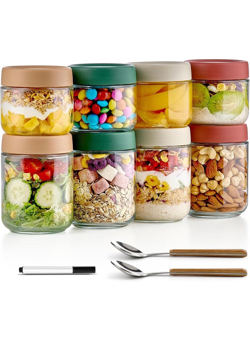 كيلا عبوة من 8 عبوات من الشوفان طوال الليل مع أغطية، برطمانات زجاجية كبيرة وصغيرة سعة 16 أونصة و10 أونصة، عبوة شوفان للإفطار، برطمانات تحضير وجبات السلطة لتخزين الطعام، برطمانات بودنغ بذور الشيا الفطرية - Image 1