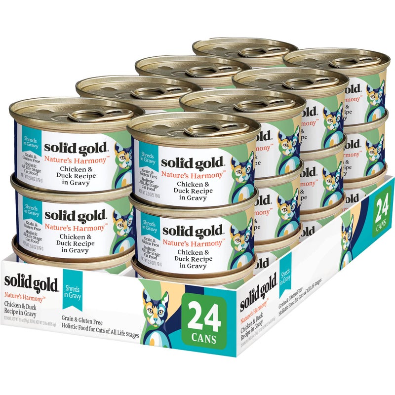 Solid Gold Wet Cat Food Shreds in Gravy - Healthy Canned Cat Food Made w/Real Chicken & Duck Shreds, Vitamins & Minerals - Grain Free & Gluten Free Canned Meals for Cats & Kittens - 24ct/3oz Can - Image 1