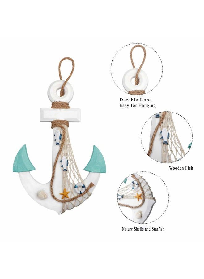 Meching 2 Pack 11" Nautical Beach Wooden Ship Wheel and 13" Wood Anchor with Rope Nautical Boat Steering Wheel Rudder Anchor Wall Decor Door Hanging Ornament Beach Theme Home Decoration(White&Green) - Image 5