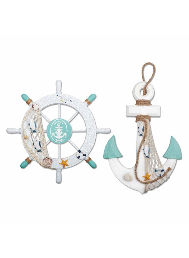 Meching 2 Pack 11" Nautical Beach Wooden Ship Wheel and 13" Wood Anchor with Rope Nautical Boat Steering Wheel Rudder Anchor Wall Decor Door Hanging Ornament Beach Theme Home Decoration(White&Green) - Image 1