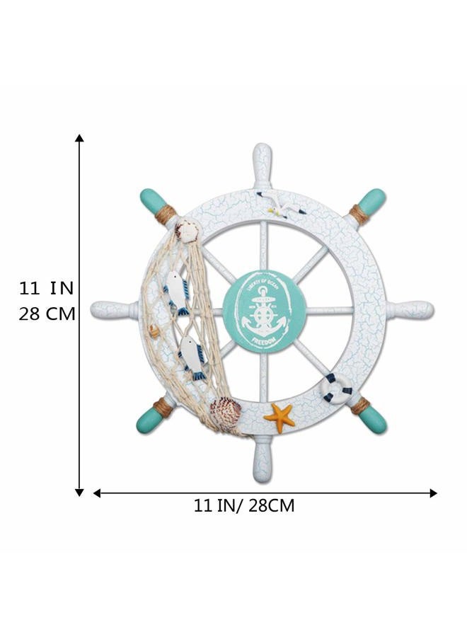 Meching 2 Pack 11" Nautical Beach Wooden Ship Wheel and 13" Wood Anchor with Rope Nautical Boat Steering Wheel Rudder Anchor Wall Decor Door Hanging Ornament Beach Theme Home Decoration(White&Green) - Image 2