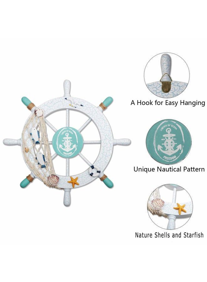 Meching 2 Pack 11" Nautical Beach Wooden Ship Wheel and 13" Wood Anchor with Rope Nautical Boat Steering Wheel Rudder Anchor Wall Decor Door Hanging Ornament Beach Theme Home Decoration(White&Green) - Image 4