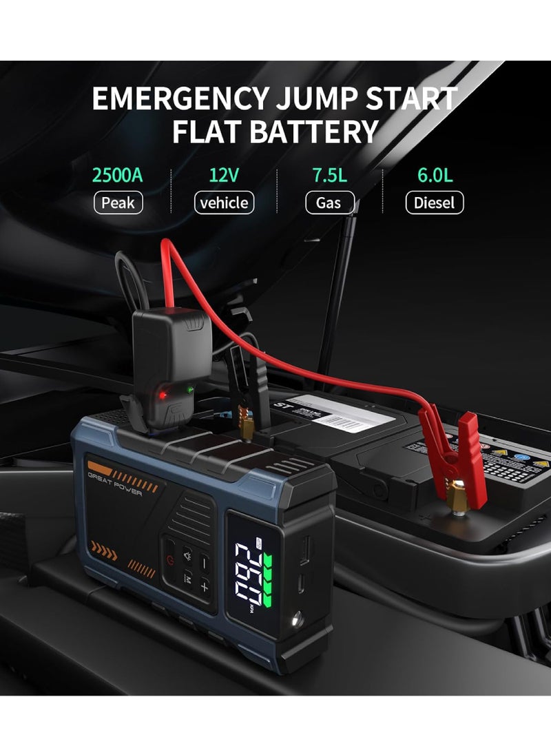 Rock Pow Car Battery Charger Jump Starter with Air Compressor, 2500A Jumper Box for Car Battery Portable Booster Jump Pack, 12V Jumpstart Combo 150PSI Car Tire Inflator Air Pump(Up to 7.5L Gas/6.0L Diesel)  - Image 2