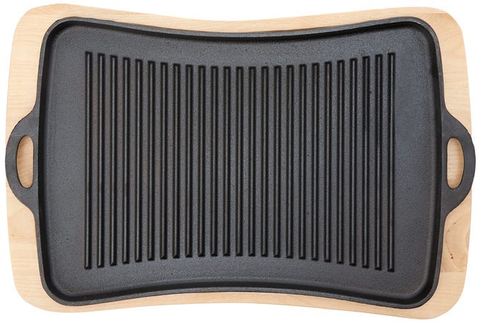 CAST IRON FAJITA PAN WITH WOODEN TRIVET PRESEASONED IDEAL FOR BARBECUING AND CAMPING LARGE BLACKJB0206