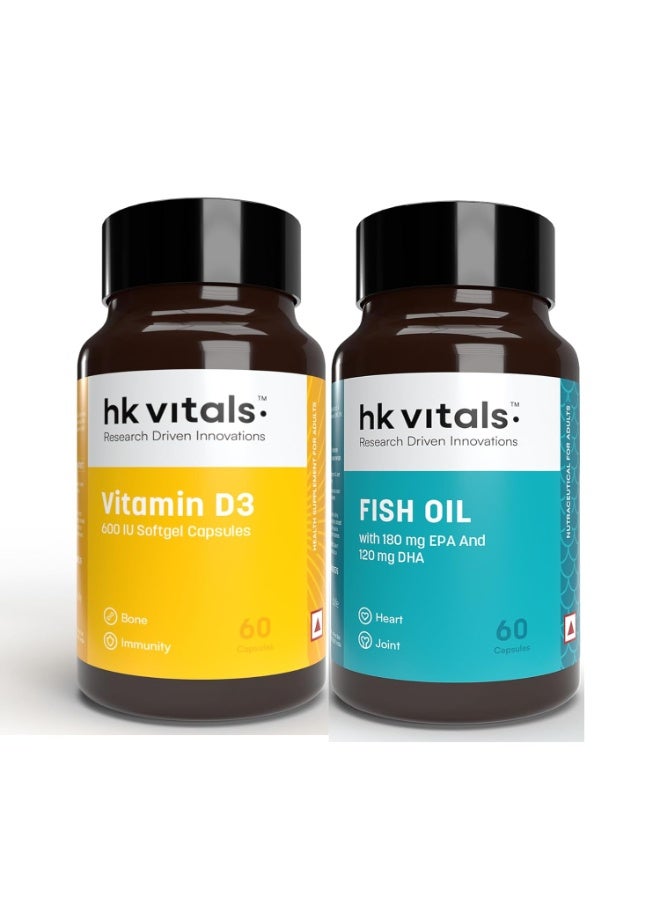 hk vitals Vitamin D3 (600 IU) & Fish Oil (1000mg Omega 3 with 180mg EPA & 120mg DHA) (60 Tablets Each) | Combo Pack - Image 1