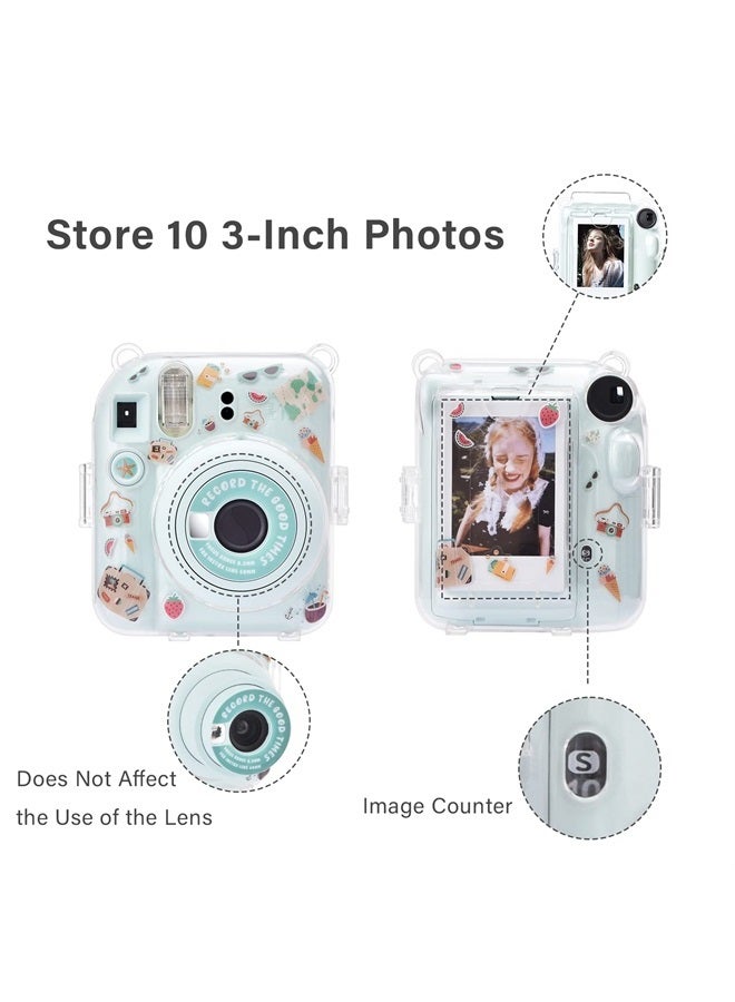 Rieibi حافظة شفافة متوافقة مع فوجي إنستكس ميني 12، حقيبة حمل بولارويد لكاميرا فوجي فيلم إنستكس ميني 12 الفورية مع جيب لتخزين الصور، حزام وملصق لطيف - أخضر - Image 5