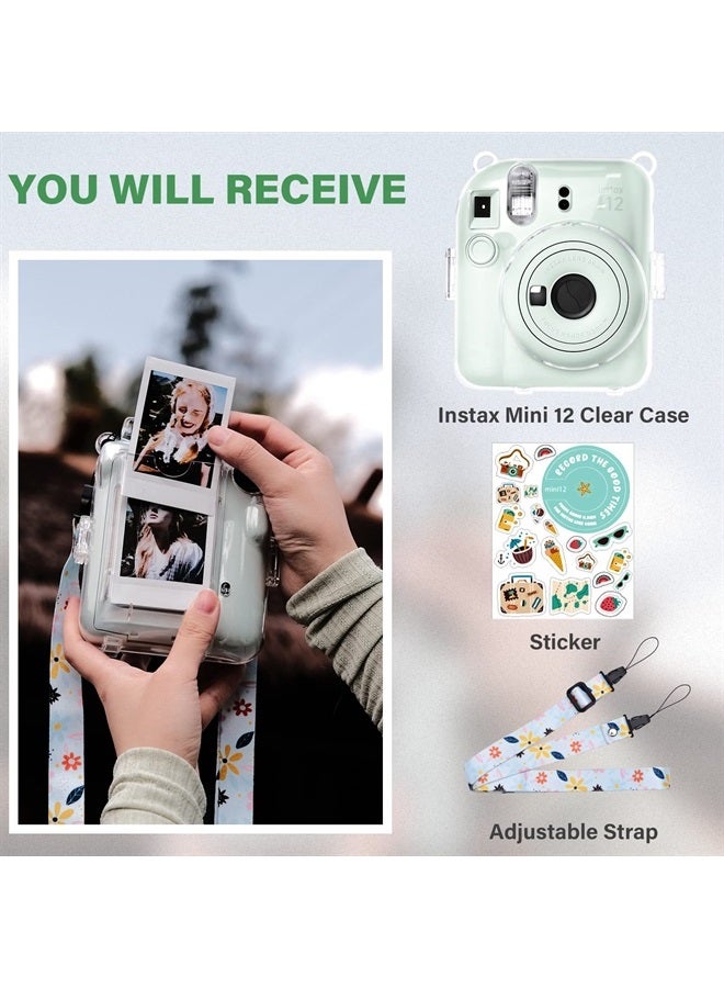 Rieibi حافظة شفافة متوافقة مع فوجي إنستكس ميني 12، حقيبة حمل بولارويد لكاميرا فوجي فيلم إنستكس ميني 12 الفورية مع جيب لتخزين الصور، حزام وملصق لطيف - أخضر - Image 2
