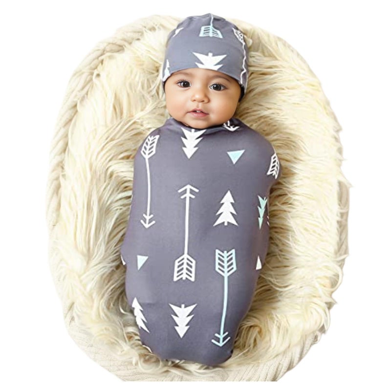Galabloomer Newborn Swaddle Blanket with Beanie Set Baby Boy Receiving Blanket Gray Arrow