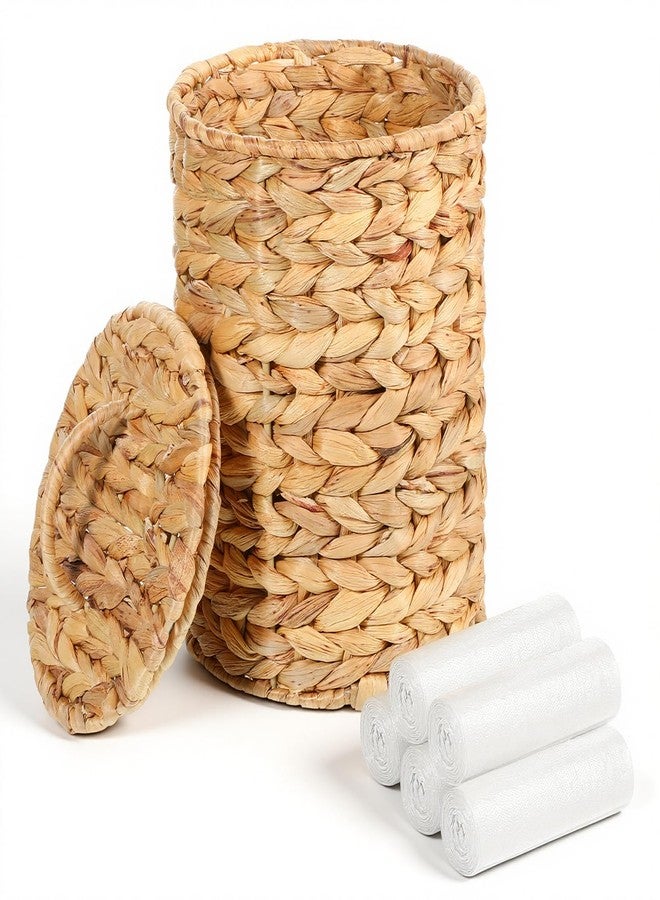 Exclaith Boho Wicker Trash Can with Lid 1.3 Gallons Small Bathroom Trash Can with 100 Garbage Bags Water Hyacinth Wicker Waste Basket for Bedroom Bathroom Kitchen Living Room - Image 1
