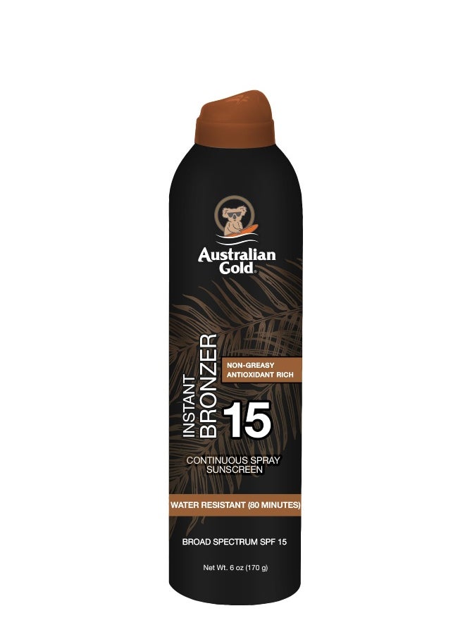 Australian Gold Australian Gold Continuous Spray Sunscreen with Instant Bronzer SPF 15 Immediate Glow Dries Fast Broad Spectrum Water Resistant NonGreasy Oxybenzone Free Cruelty Free 6 Ounce  - Image 1