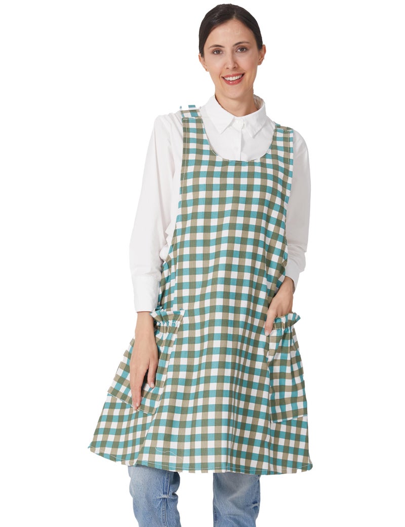 APRONNER Cozy Adjustable Cross Back Aprons for Women with Pockets Cotton Linen Cooking Kitchen Baking Green Grid