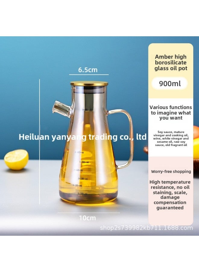 Large Capacity Scale High Borosilicate Glass Oil Pot Cross-border Special Oil Pot Seasoning Pot Soy Sauce Vinegar Sesame Oil Leak-proof Pot-Color:900ml Amber Gold Cap-Capacity:901-1000ml - Image 1