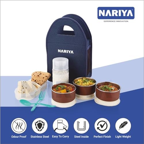 NARIYA Stainless Steel Lunch Box with Casserole 3 Stainless Steel Containers for Office Tiffin Box with Plastic Bottle Casserole and Spoon for College School and Office (1750 Ml, Blue) - Image 2