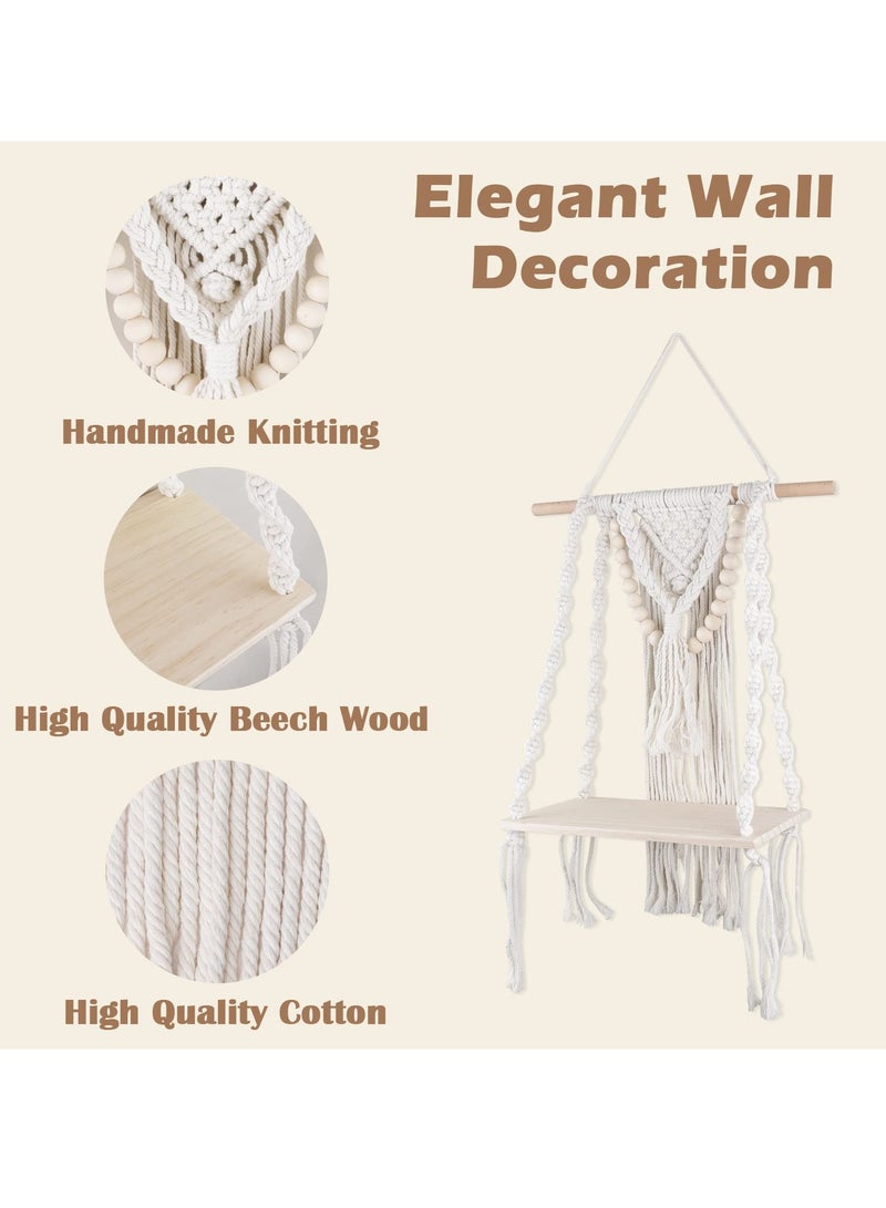 KASTWAVE Macrame Wall Hanging Shelf, Handmade Boho Decor Wood Floating Shelf for Bedroom Living Room Nursery Bathroom, Handmade Woven Rope Storage Organizer Rack for Photo Frames Plant Display - Image 3