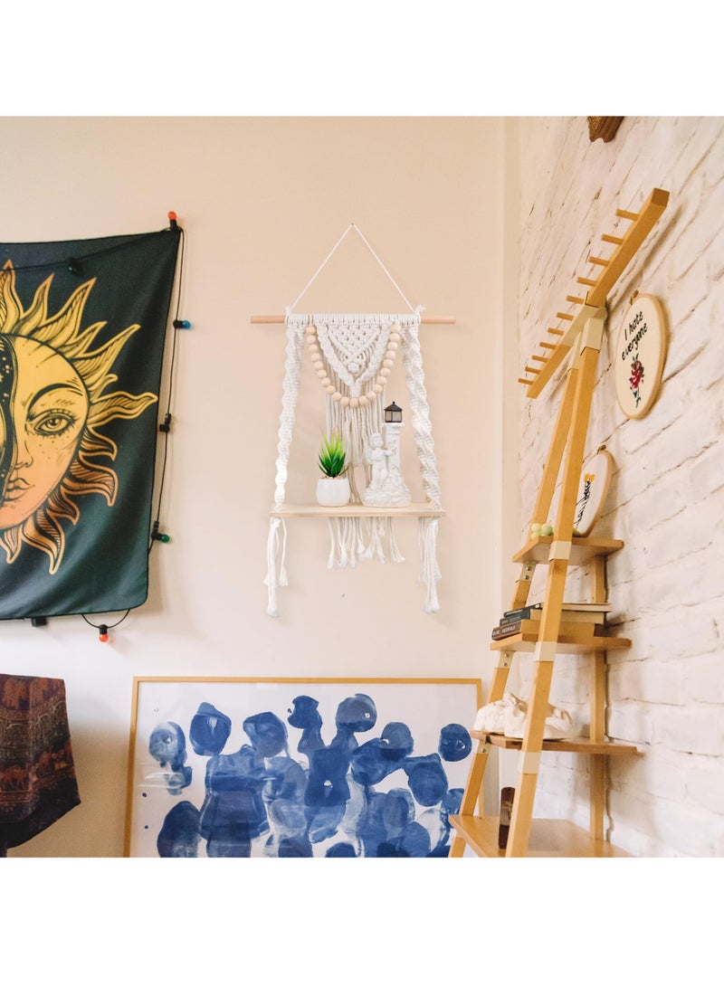 KASTWAVE Macrame Wall Hanging Shelf, Handmade Boho Decor Wood Floating Shelf for Bedroom Living Room Nursery Bathroom, Handmade Woven Rope Storage Organizer Rack for Photo Frames Plant Display - Image 5