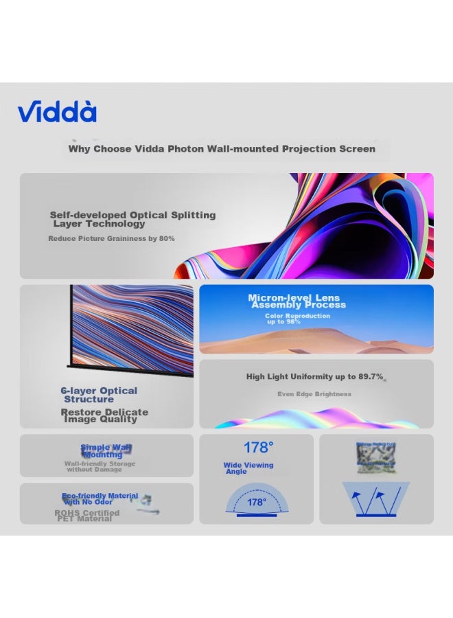 Vidda 100-inch Photon Wall-mounted Projection Screen, Professional Three-color Laser Projection Compatible, Eco-friendly Home Use, Odorless, Suitable For Hisense C2 Series/m2 Pro - Image 1