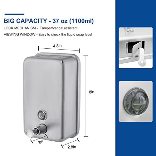 VANNSOO Commercial Wall Mount Stainless Steel Soap Dispenser, Corrosion Proof Lining Liquid Hand Sanitizer Dispenser Bathroom 1100ml / 37oz. (Vertical) - Image 5