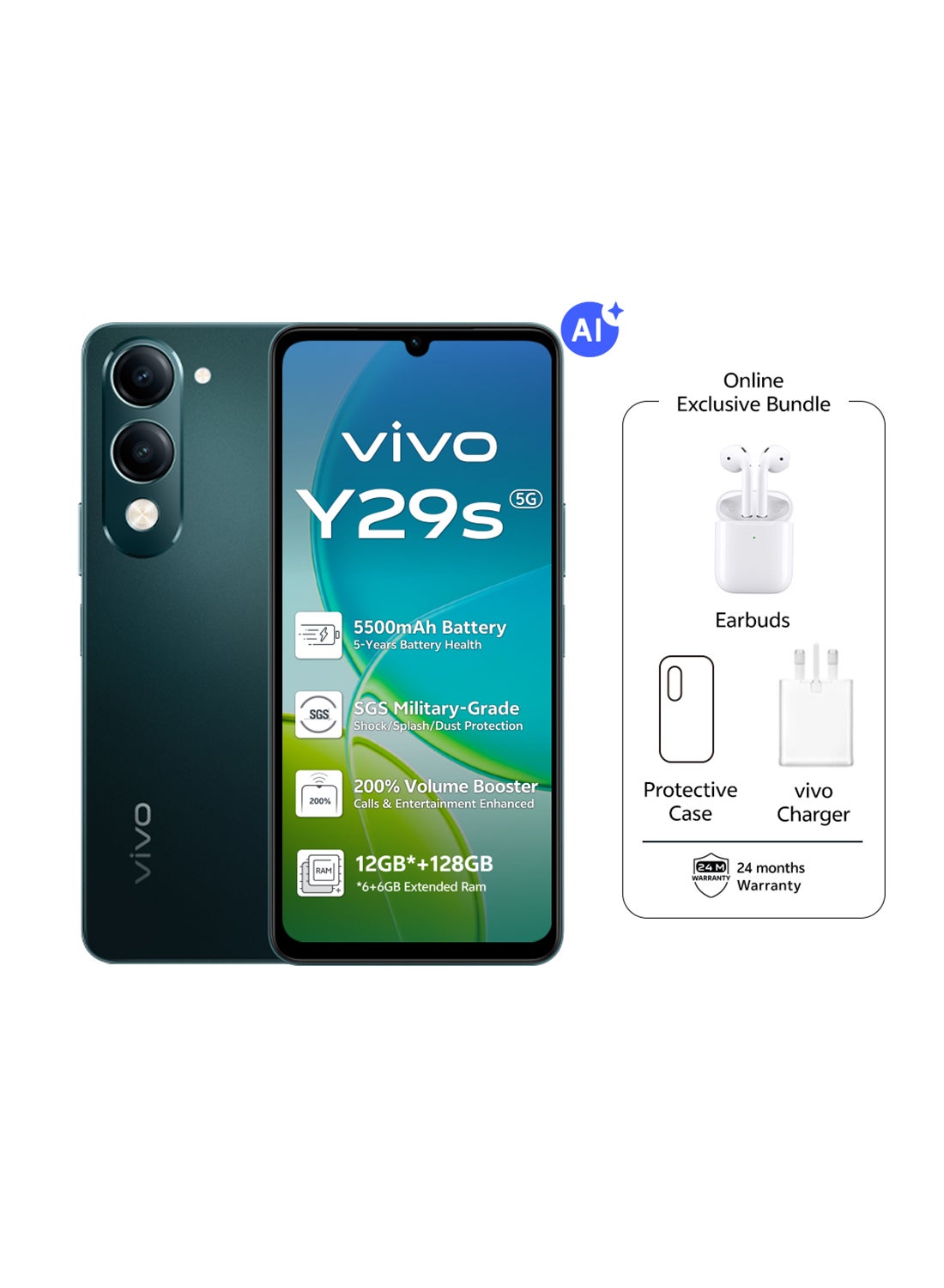 Y29s AI 5G Jade Green 6GB RAM 128GB With Exclusive TWS (Charger and Case Inside Phone Box) - Middle East Version