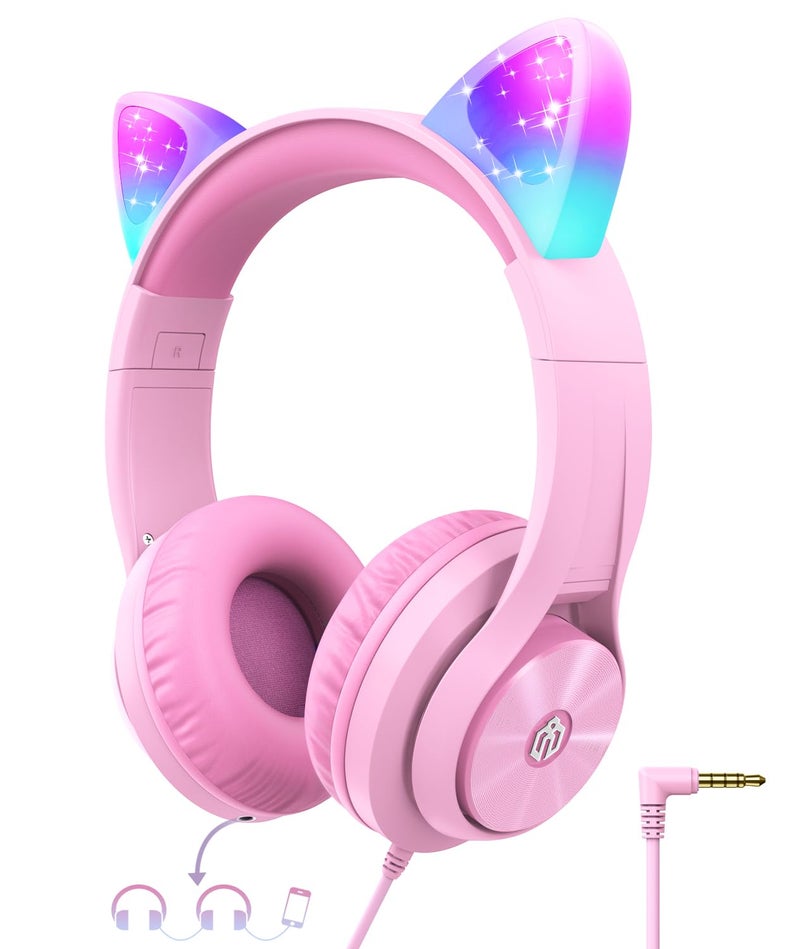 iClever Kids Headphones with Cat Ear Led Light Up, Safe Volume Limite, FunShare, Foldable, Over-Ear Headphones for Kids for School/iPad/Tablet/Travel, Meow Donut-Pink - Image 1