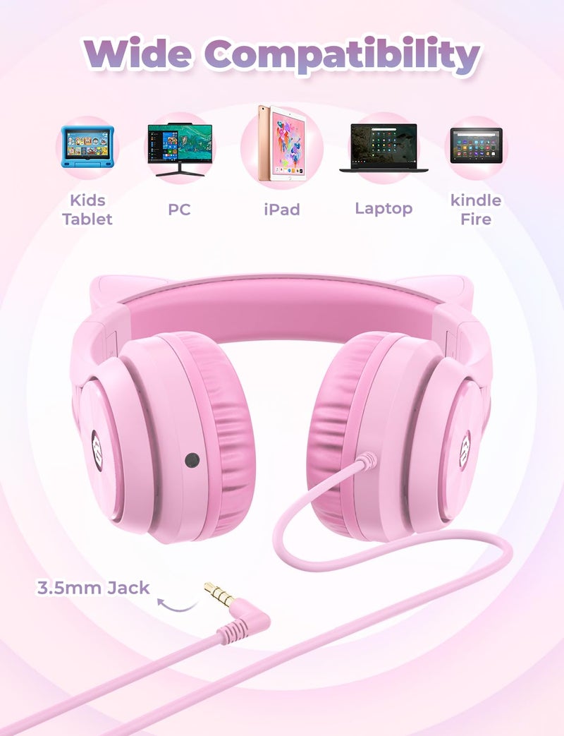 iClever Kids Headphones with Cat Ear Led Light Up, Safe Volume Limite, FunShare, Foldable, Over-Ear Headphones for Kids for School/iPad/Tablet/Travel, Meow Donut-Pink - Image 5