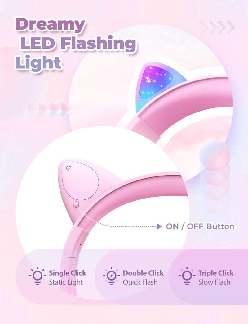iClever Kids Headphones with Cat Ear Led Light Up, Safe Volume Limite, FunShare, Foldable, Over-Ear Headphones for Kids for School/iPad/Tablet/Travel, Meow Donut-Pink - Image 2