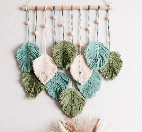 SnugLife Macrame Wall Hanging Leaves Large Chic Feather Boho Decor Handmade Yarn Woven Art Leaf Tapestry for Nursery Bedroom Living Room 17 X 22 Inch Green Sage Green Beige
