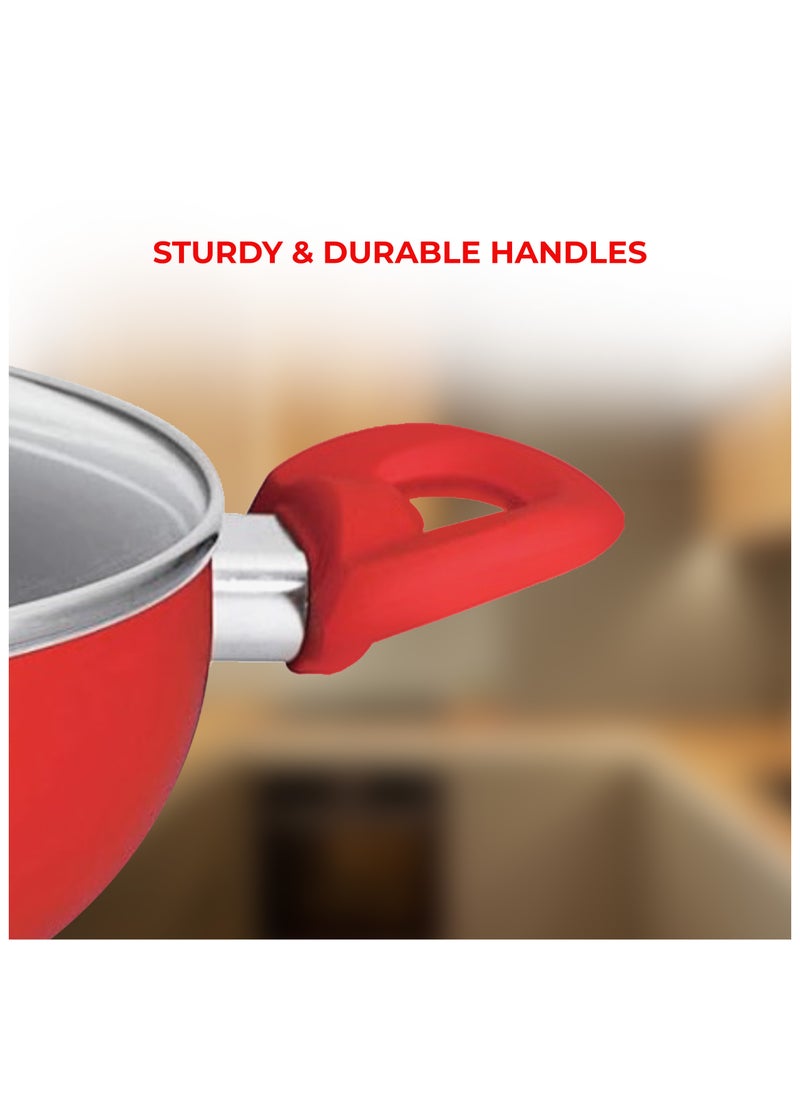 Sweet Home Kitchen Aluminum Non Stick Wok Pan Induction Kitchen Cooking Pot 28 cm Accessories Deep pan with Glass Lid 28cm Compatible Aluminium Flat Base Pan (Red)  - Image 3