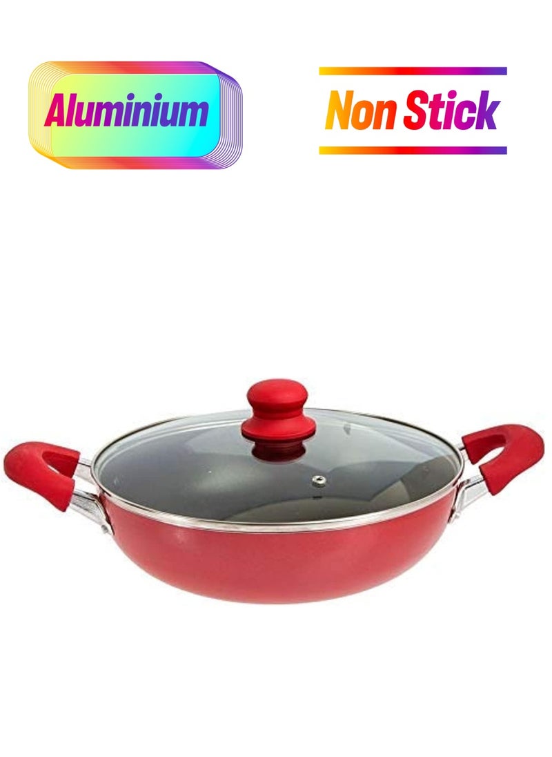 Sweet Home Kitchen Aluminum Non Stick Wok Pan Induction Kitchen Cooking Pot 28 cm Accessories Deep pan with Glass Lid 28cm Compatible Aluminium Flat Base Pan (Red)  - Image 1