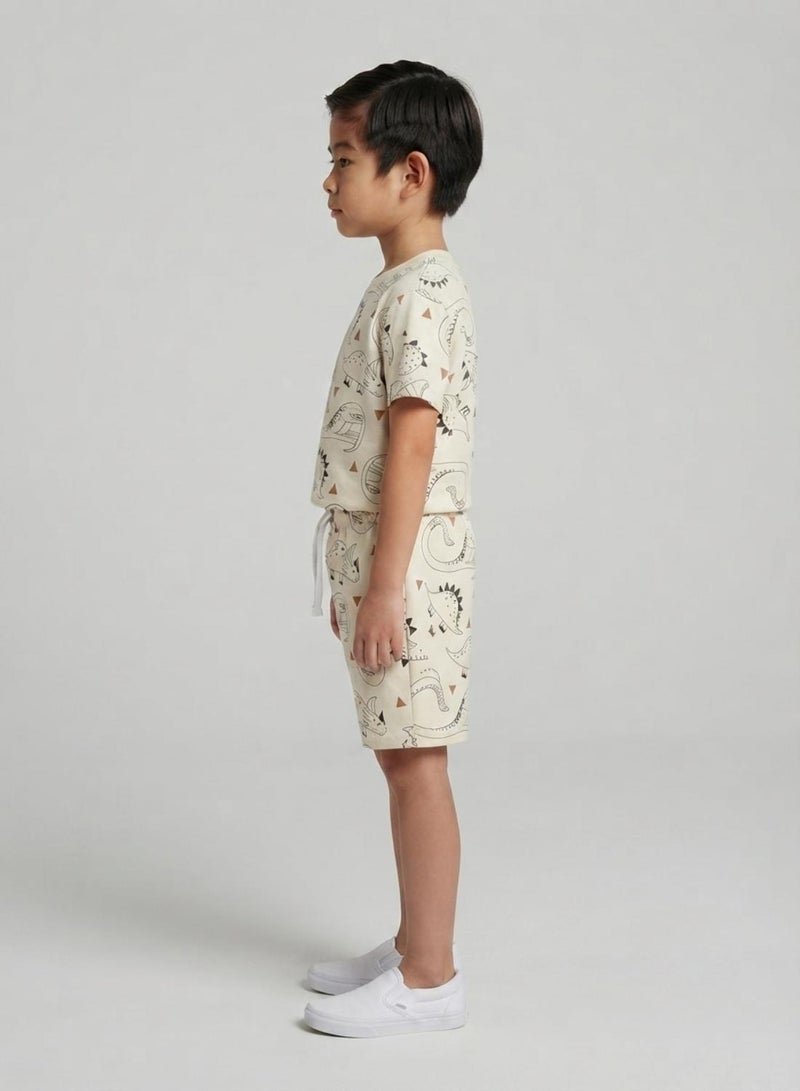 babyqlo Boys Beige Dinosaur Print T-Shirt and Shorts Co-ord Set - Image 3