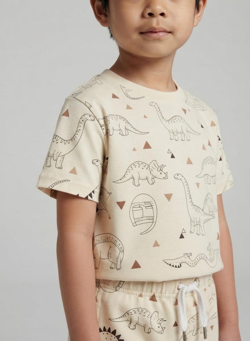 babyqlo Boys Beige Dinosaur Print T-Shirt and Shorts Co-ord Set - Image 5