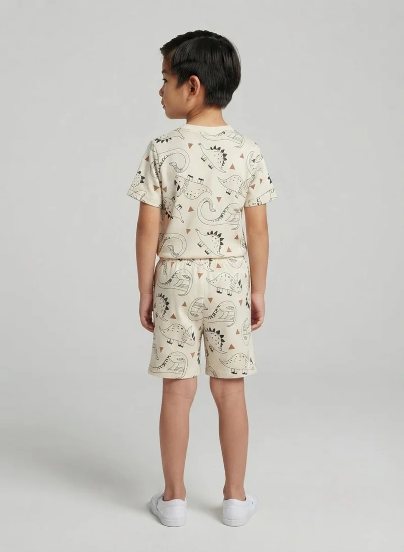 بيبي كلو Boys Beige Dinosaur Print T-Shirt and Shorts Co-ord Set