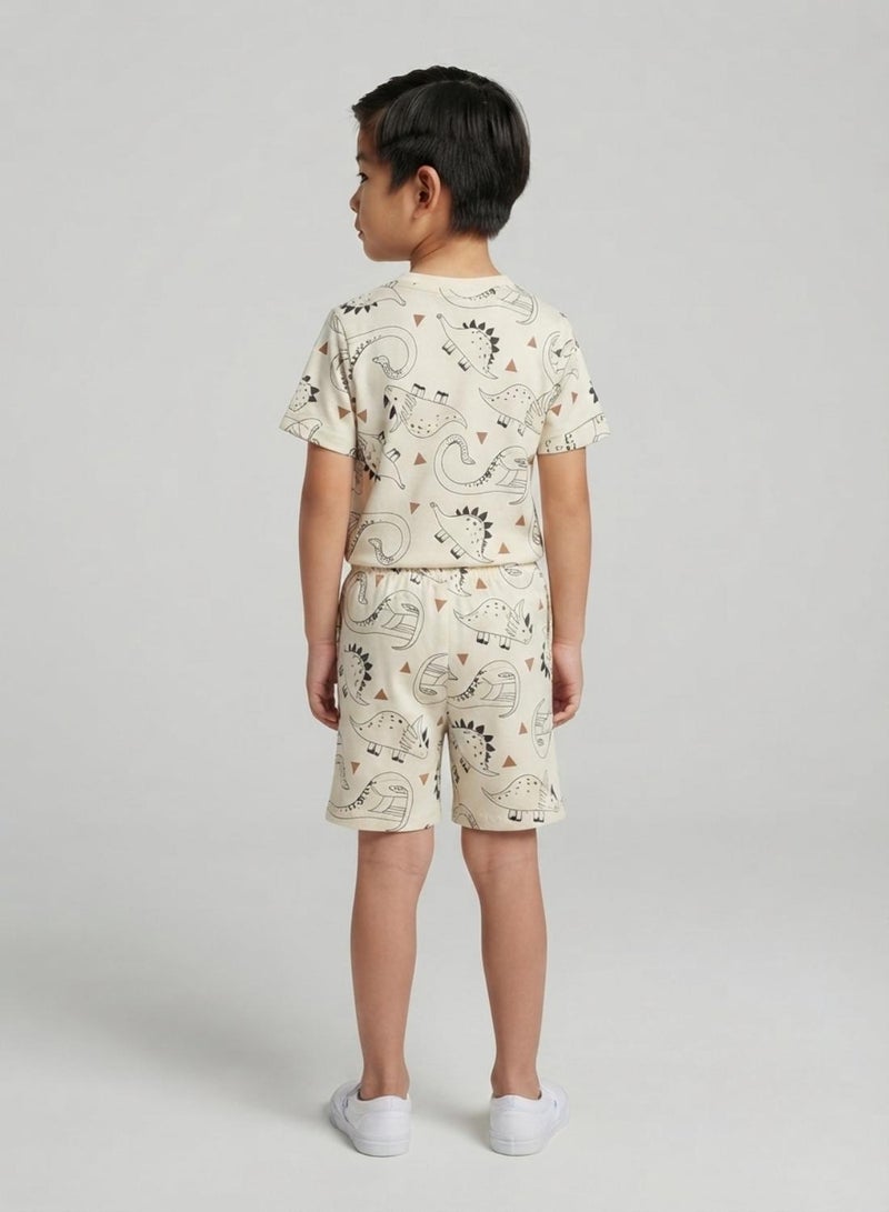 babyqlo Boys Beige Dinosaur Print T-Shirt and Shorts Co-ord Set - Image 2