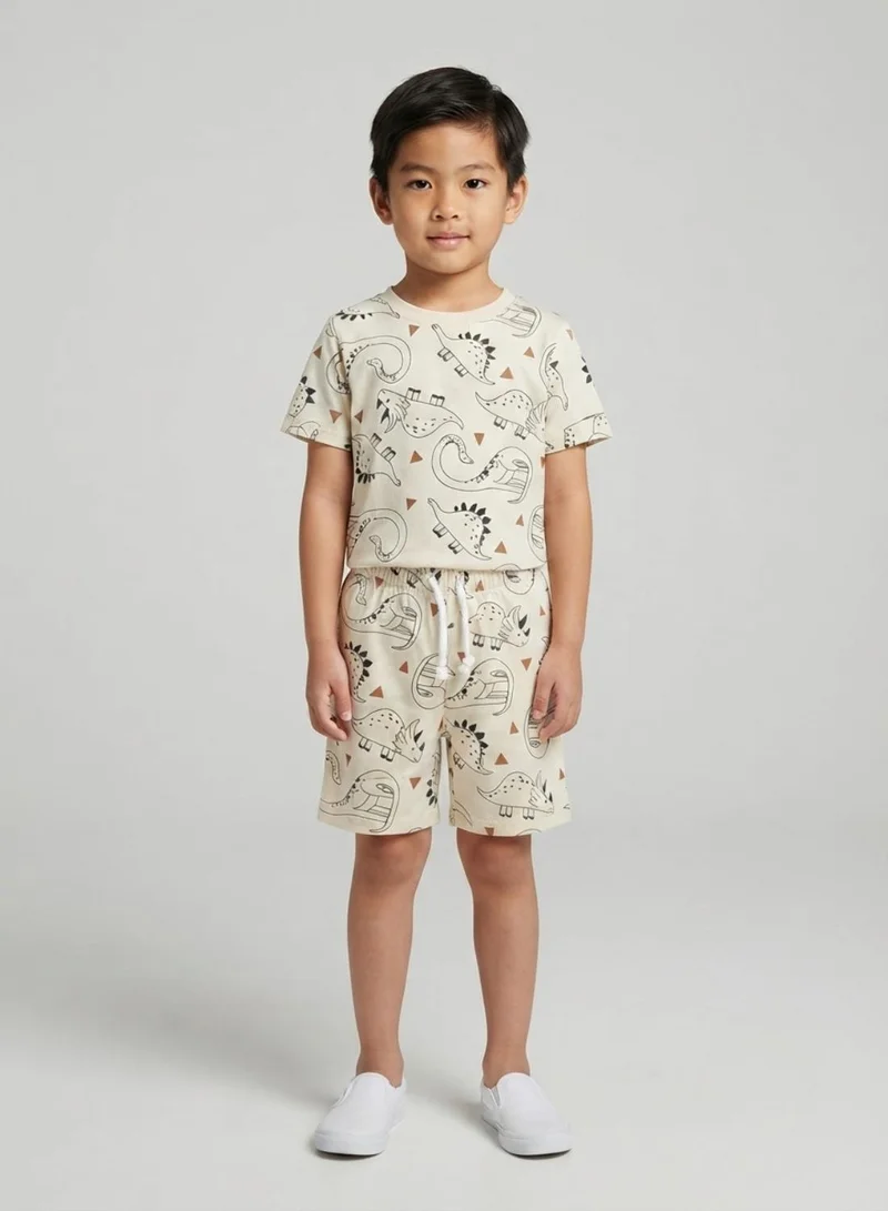 بيبي كلو Boys Beige Dinosaur Print T-Shirt and Shorts Co-ord Set