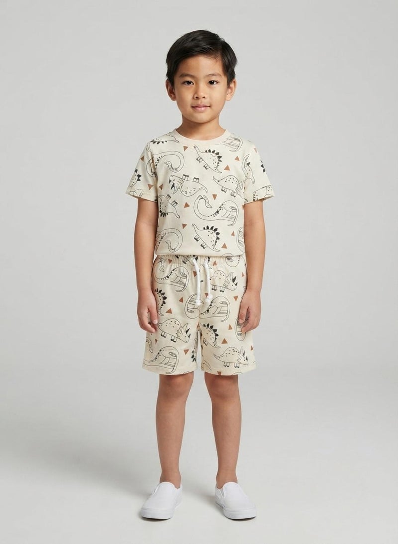 babyqlo Boys Beige Dinosaur Print T-Shirt and Shorts Co-ord Set - Image 1